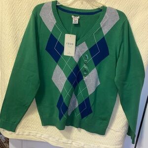Izod Green Sweater with Blue and Gray Argyle Pattern